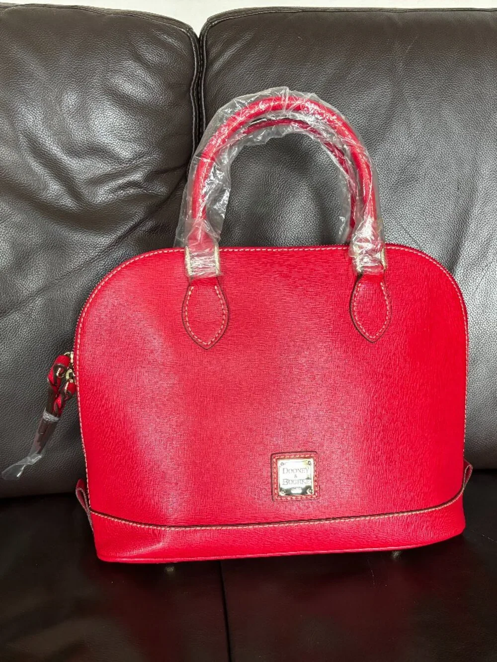 NWT Dooney & Bourke Zip Zip Satchel in Red incl strap, registration, dust bag